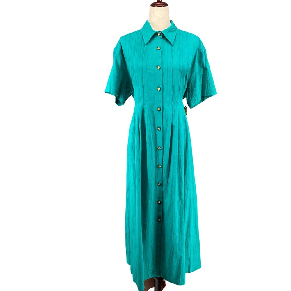 Vtg 80s 90s Two Potato‎ Button Down Tie Back Short Sleeve Maxi Dress XL Teal NOS